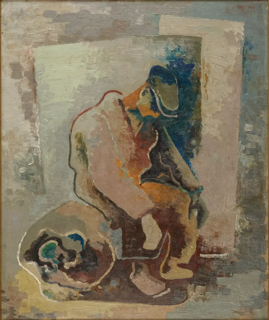 Zeichnung von einem Mann, der vornüber gebeugt auf einem Sack sitzt. Er trägt zu lose Kleidung und eine Schiebermütze. Das Bild ist in matten Brauntönen gehalten.