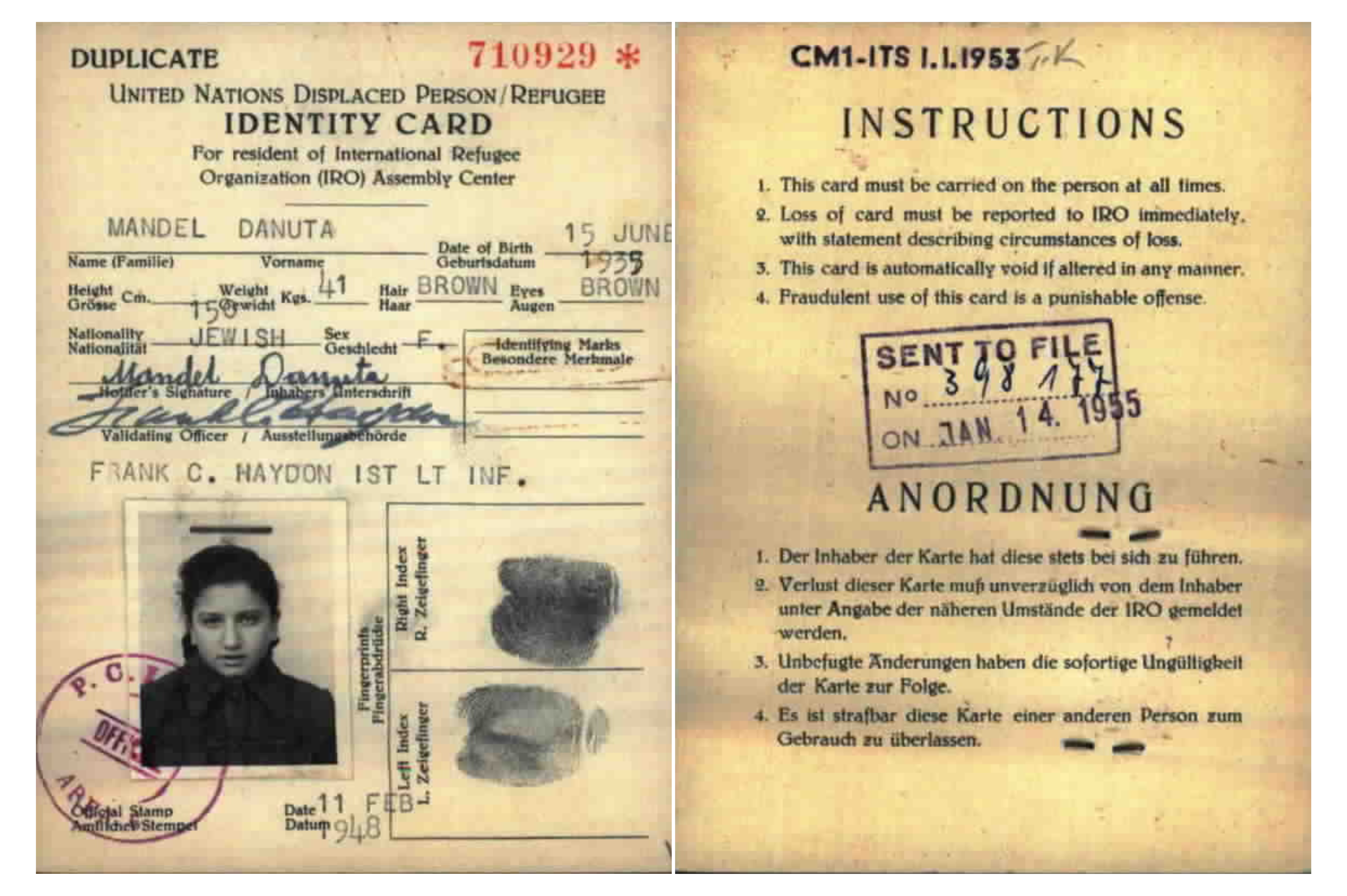Ausweisdokument, englischsprachig mit Passbild und Fingerabdrücken