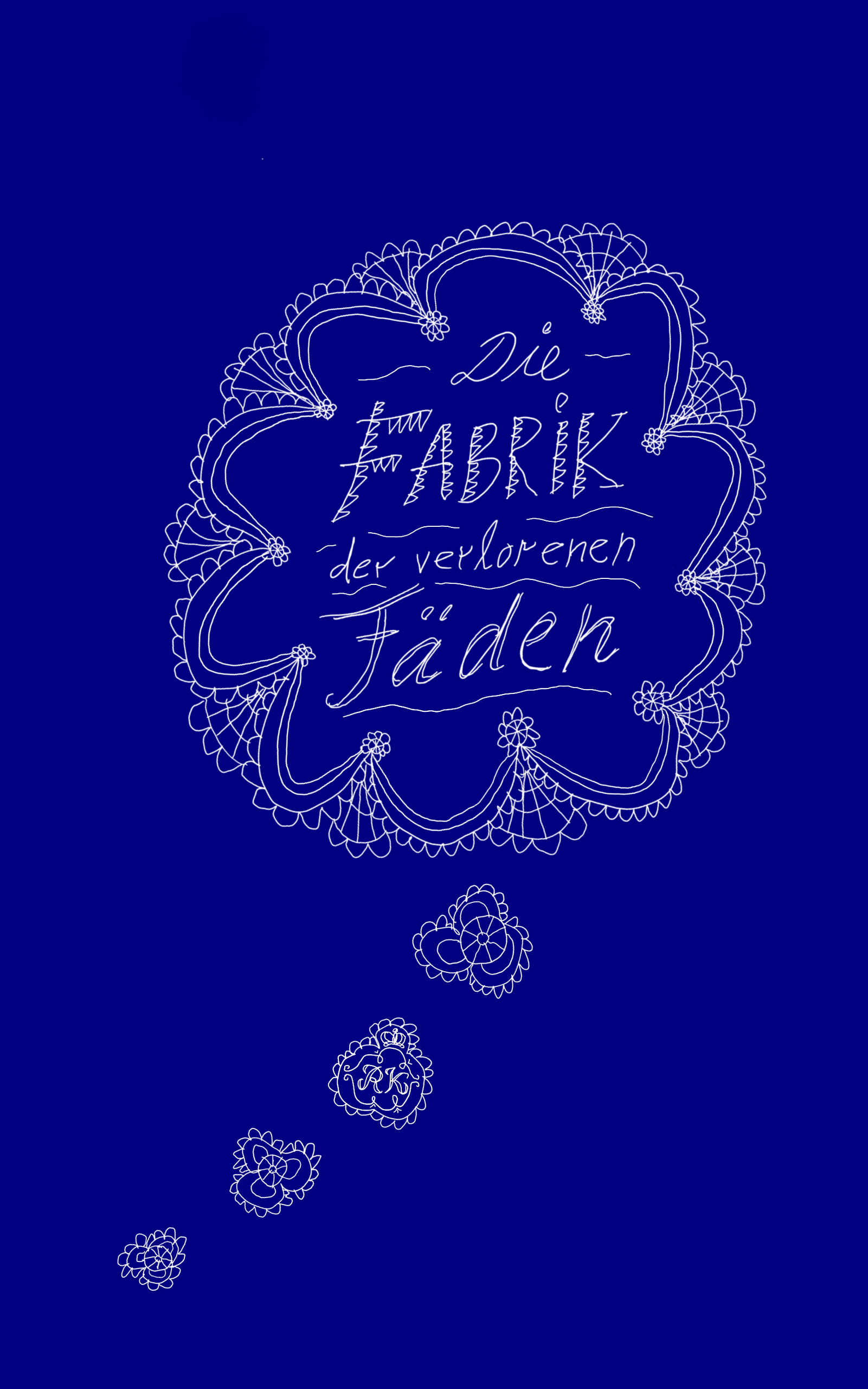 Schriftzug in Schreibschrift: "Die Fabrik der verlorenen Fäden" in einer Gedankenblase aus Spitze