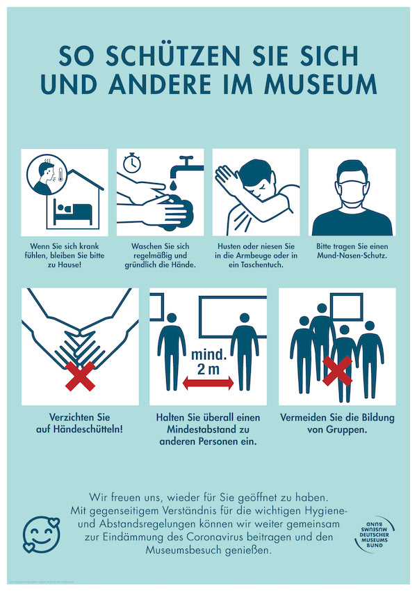 Plakat zum richtigen im Verhalten im Museum. Bereitgestellt vom Deutschen Museumsbund.